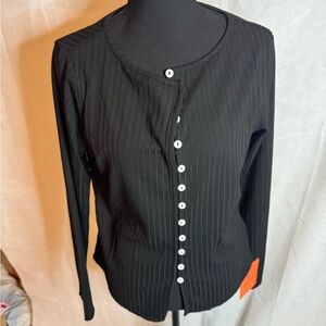 Black Ribbed Long-Sleeve Button Front Top